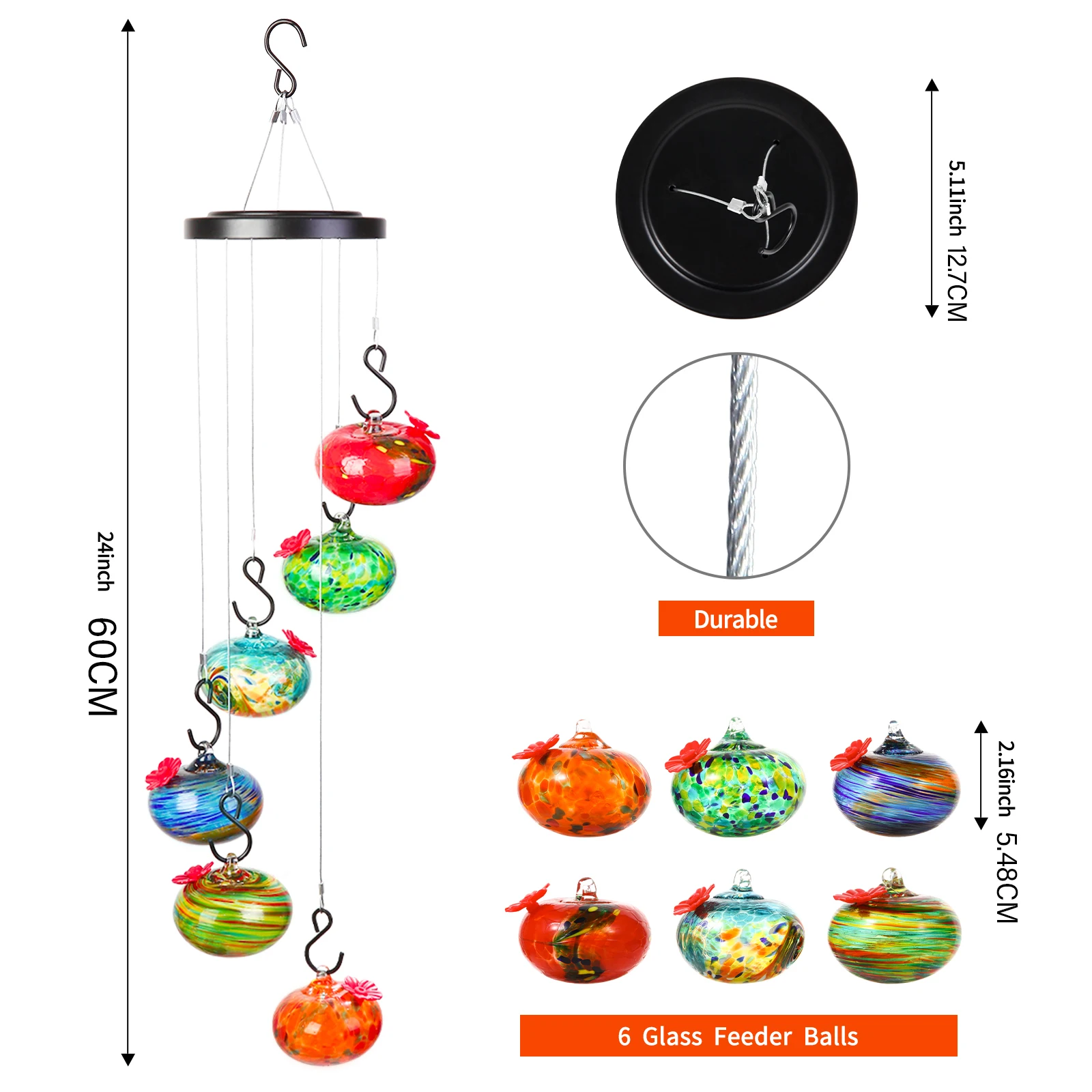 Hummingbird Feeder, Wind Chimes Hummingbird Feeder with 6 Glass Balls for Outdoors, Leak-Proof, Ant and Bee Resistant, Hand Blow