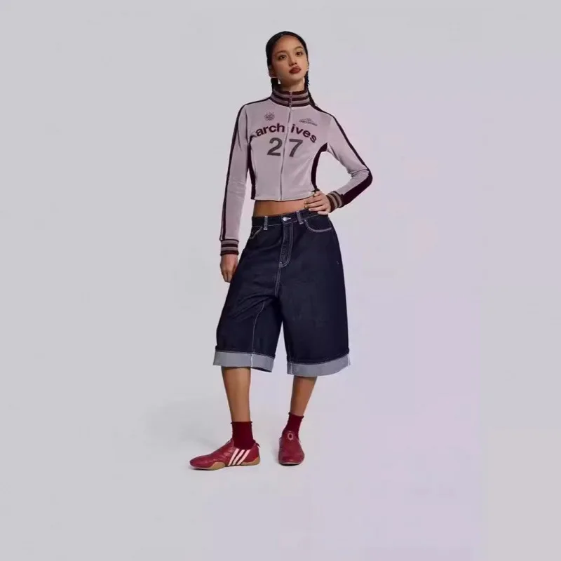Jaded London 25SS Short Pants Women's New Wide Leg Embroidered Jeans Hundred Printed Five Points Pants Denim