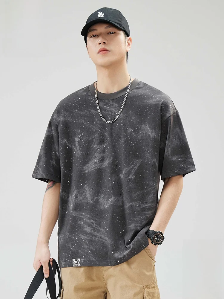 

Летняя футболка из чистого хлопка, мужская повседневная футболка с коротким рукавом и звездным узором, дышащая, удобная, свободного кроя, с круглым вырезом, топ