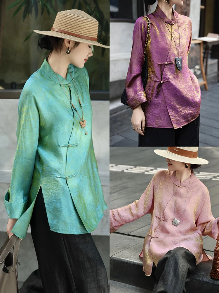 

Элегантная китайская блузка из светящегося шелка с боковыми пуговицами, свободного кроя, с длинными рукавами, воротником-стойкой, весенняя мода