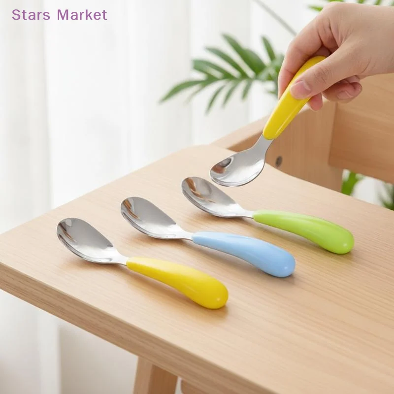 Stainless Steel Spoon Soup Spoon Cake Dessert Spoon Creative Baby Feeding Spoon Household Flat Bottomed Scoop Kitchen Tableware