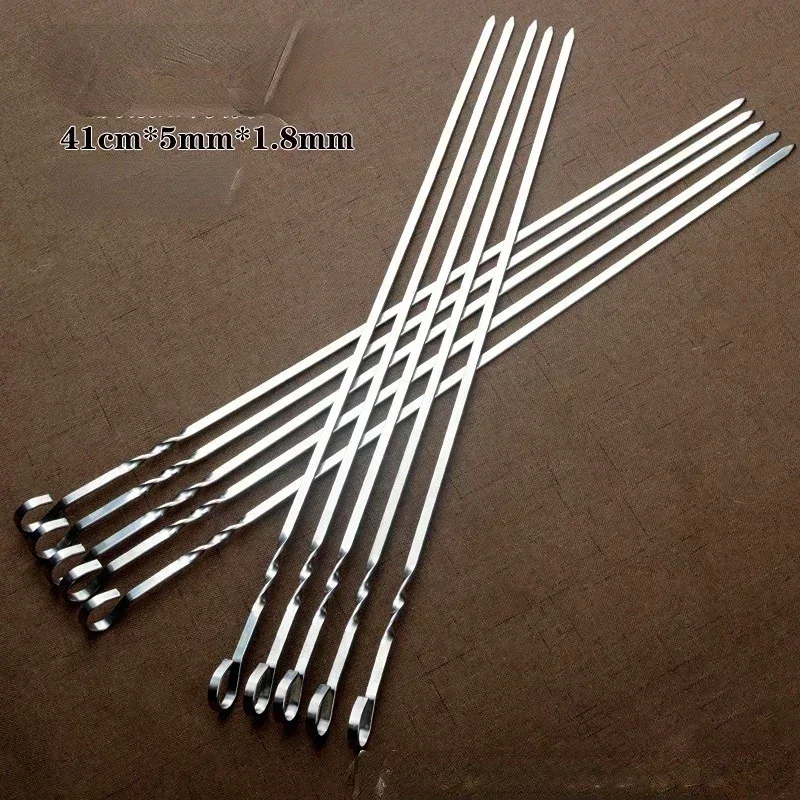 10pcs/set Stainless steel 430 BBQ stick thickened 41cm household mutton skewers iron drill BBQ stick tool BBQ stick.