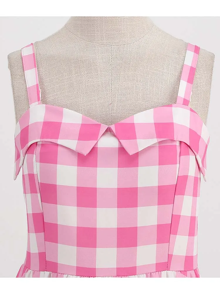 Spaghetti Strap Pink Plaid Dress Women Summer Elegant Vintage 50s Rockabilly Swing Party Dress — zdjęcie 4