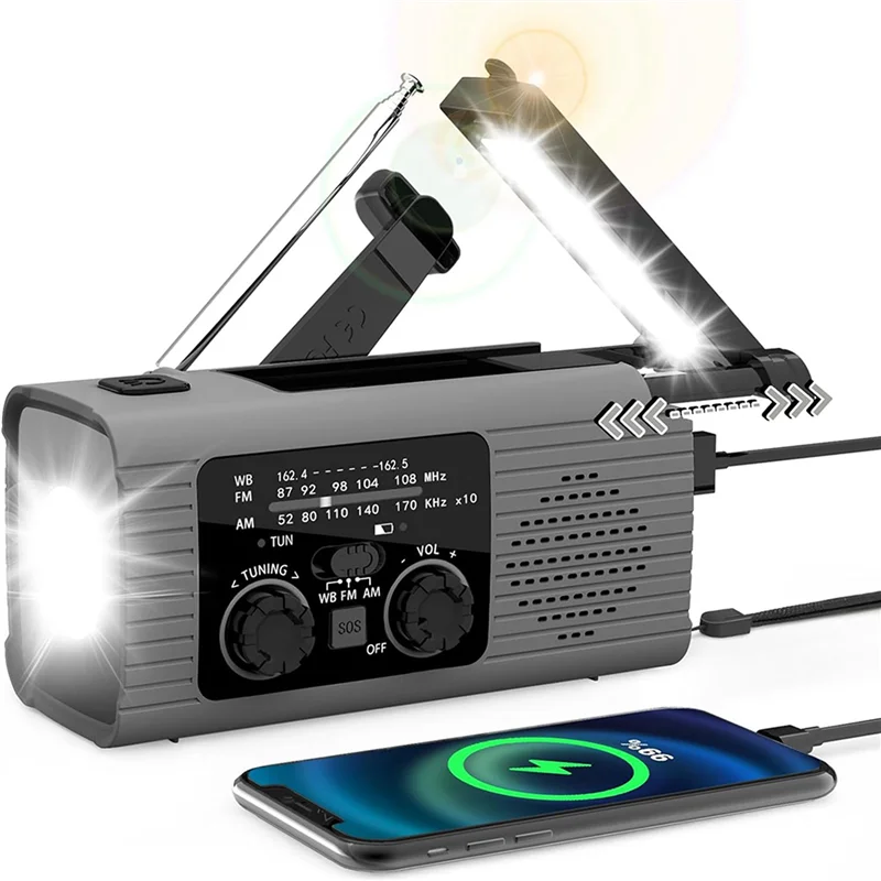 

AA60-2X Emergency Radio Hand Crank Radio Multi-Function AM/FM/NOAA Solar Hand Crank Emergency Radio SOS Alarm 4000Mah Gray