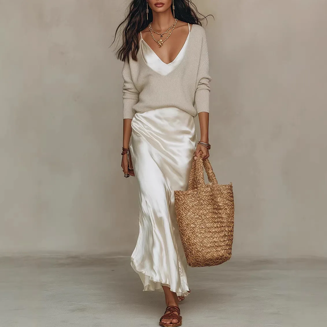 

New Long Sleeve Satin Skirt Outfits Elegant Solid V Neck Knitted Sweater Top+Long Dress Suit Summer Vacation 2 Piece Outfits