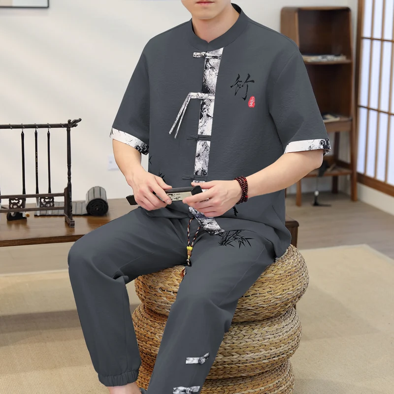 2026 spring Men's Casual Sets Chinese style Shirts + Pants summer 100% Cotton Sportswear Male Fashion Chinesestyle trouser view 3