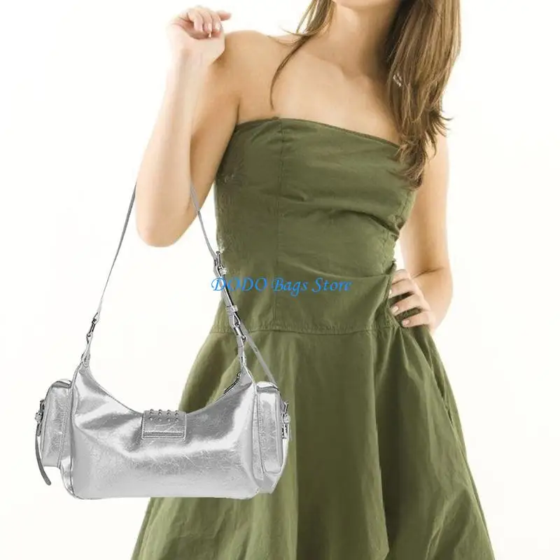 

E8FB Fashionable Punk Rivets Crossbody Bag with Buckle PU Leather Shoulder Handbag
