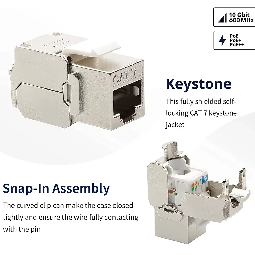 SUMMITEK Cat6a Cat7 Keystone Jack 180 Degree Tool-Less Type Cat7 RJ45 STP Zinc Alloy Module Adapter Coupler for 22 to 26 AWG