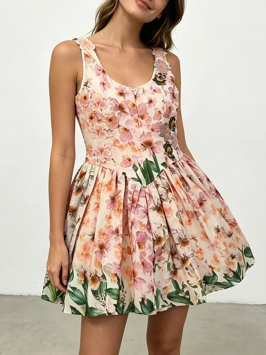 TWOTWINSTYLE Colorblock Slimming Spliced Printing Mini Dress for Women Square Neck Sleeveless Patchwork Folds Dresses Female New