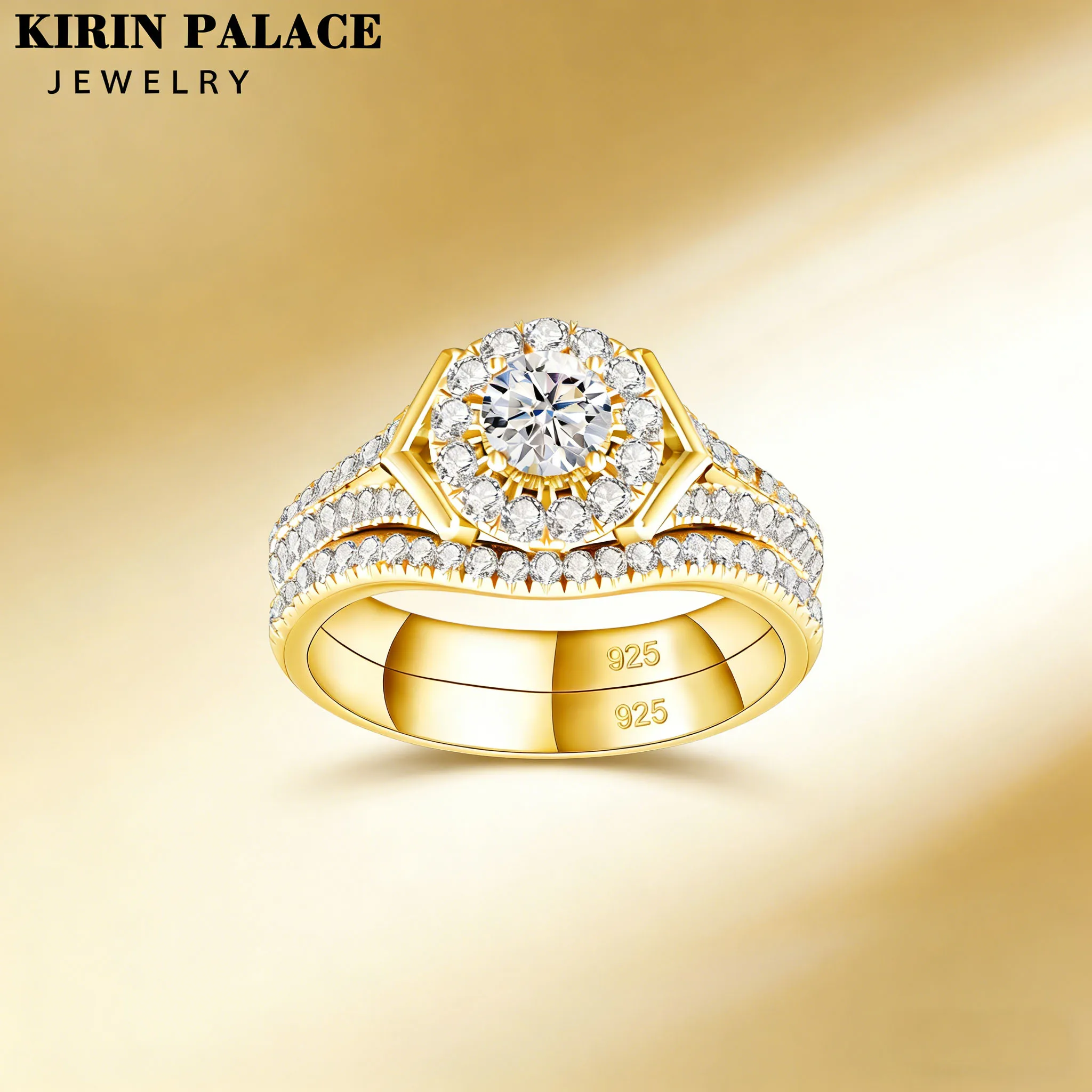 

925 Silver 18k Gold Plated Moissanite Ring Double Band Halo Sparkling for Women Engagement Wedding Party Elegant Fashion Jewelry