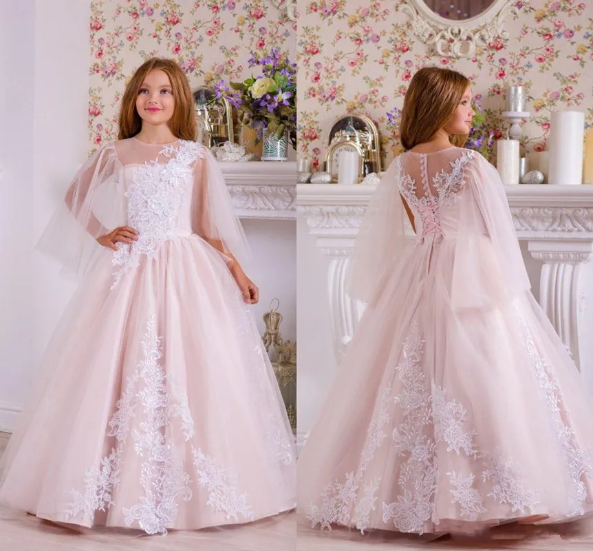 Imagem princesa pérolas rendas apliques rosa flor menina vestidos o-pescoço vestidos de bola para o bebê primeiro comunhão vestidos