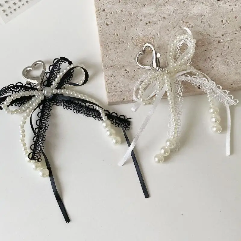 1Pcs Y2K Sweet Lace Imitation Pearl Bow Keyring Ins Style Bowknot Keychain Trendy Girly Key Holder Bag Pendant Girls Gift