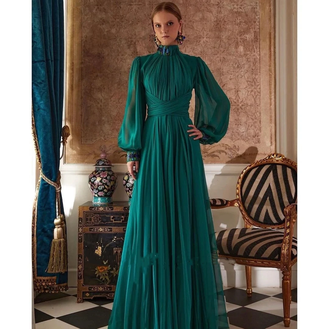 Gorgeous Green Chiffon High Neck Green Prom Dresses Puff Sleeves A-Line Elegant Satin Vintage Evening Gowns Formal Party Dress