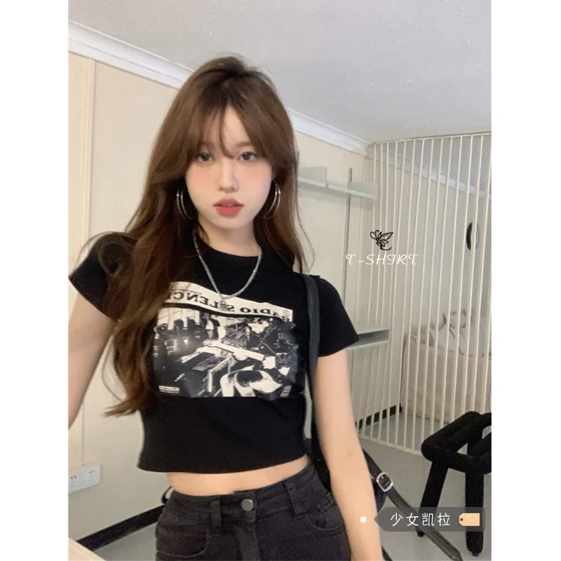 

2023 Summer New Round Neck Short Sleeve T-shirt Women's Fashion Pullover Loose Print Off Shoulder White Black High Quality Top