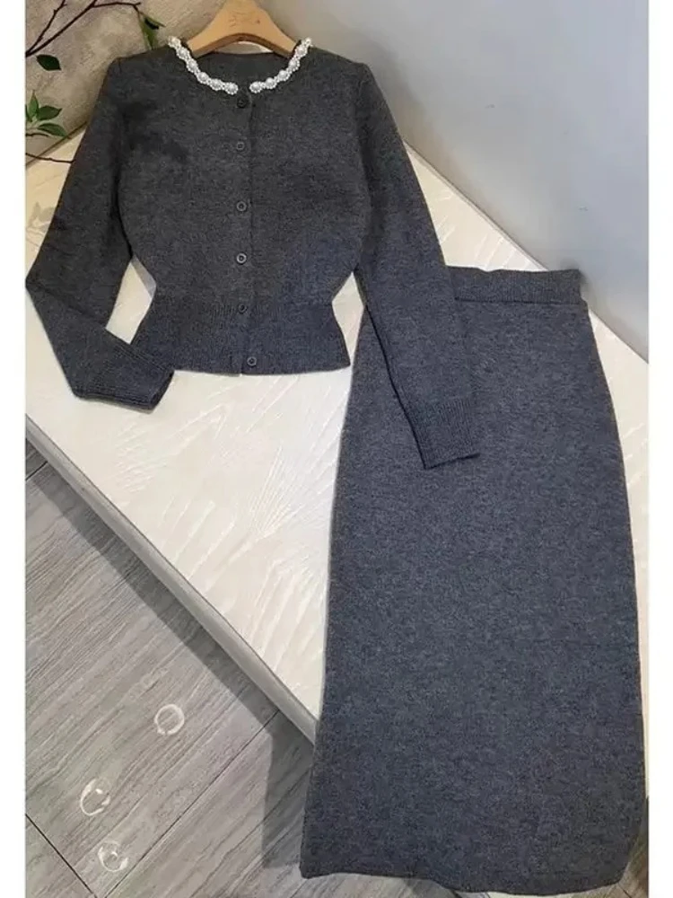 Korean Chic Solid Knitted Two Piece Set Women Elegant Cardigan + Midi Skirt Set Grey Sweater Party Office Lady Clothes 2025 New
