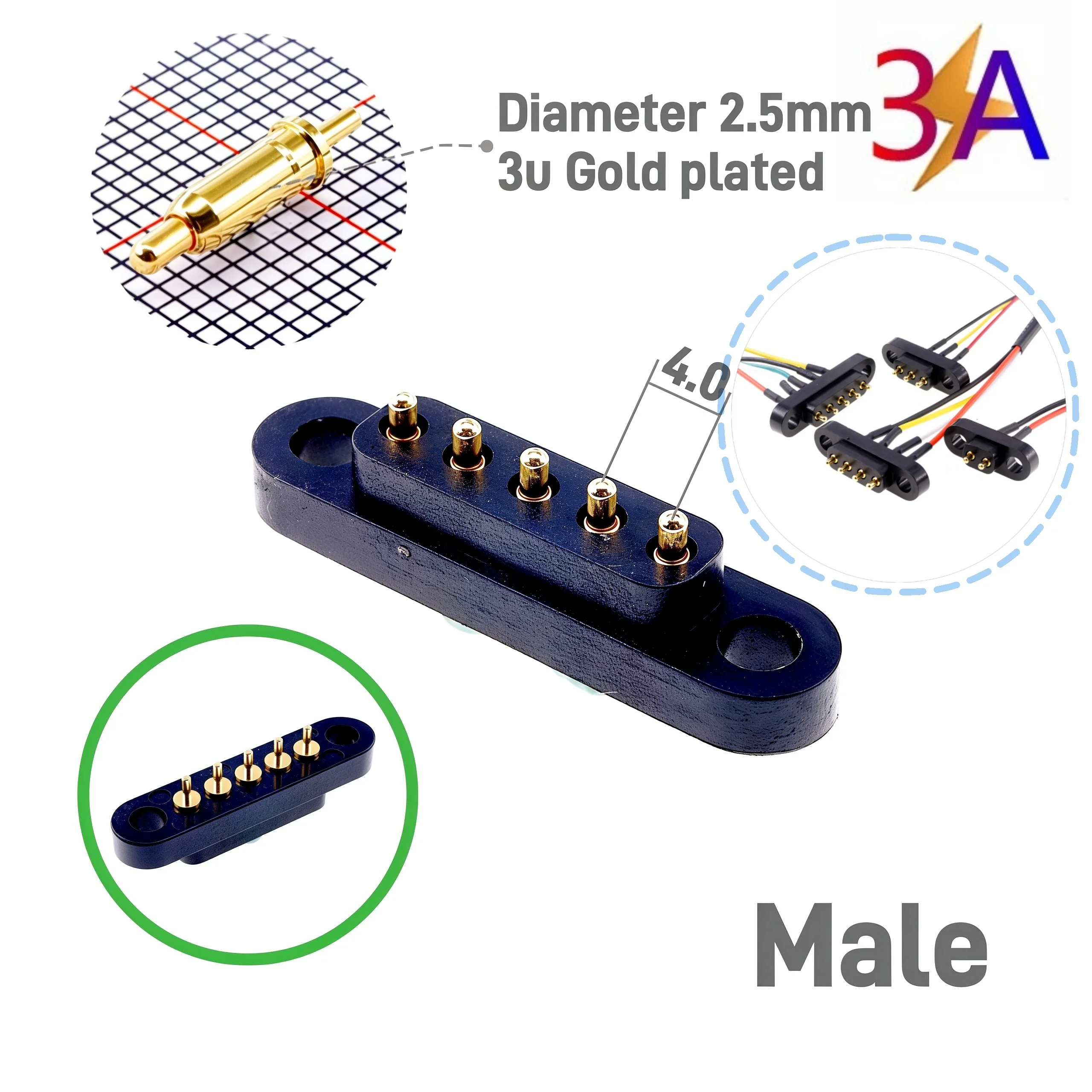 1/3/5 Pairs PogoPin Connector 3A Male Female 4.0mm Pitch Spring Loaded 2 3 4 5Pin DIP Through Hole PCB Mounting Ear Gold Plated view 3