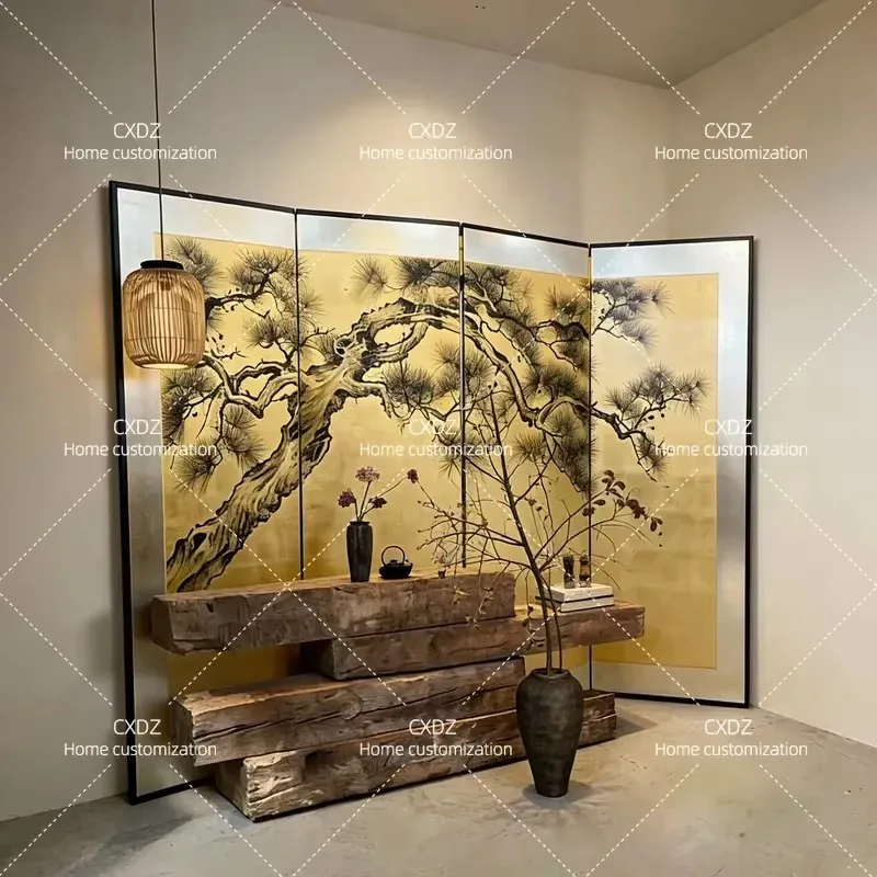 Hand Painted Pine Tree Gold Foil Folding Screen Room Divider for Living Room Tea House Background Wall Decor Japanese Style