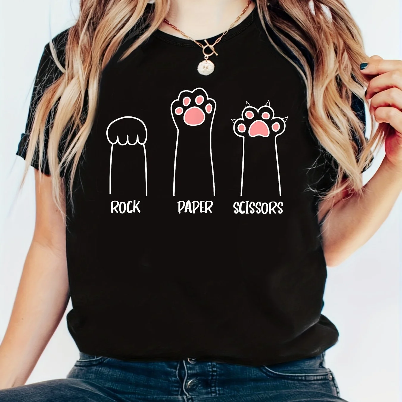 Funny Rock Paper Scissors Cute Animal Paw Print Print T-Shirt Women's Short Sleeve Female T-shirt Summer New Fashion Cotton Tops