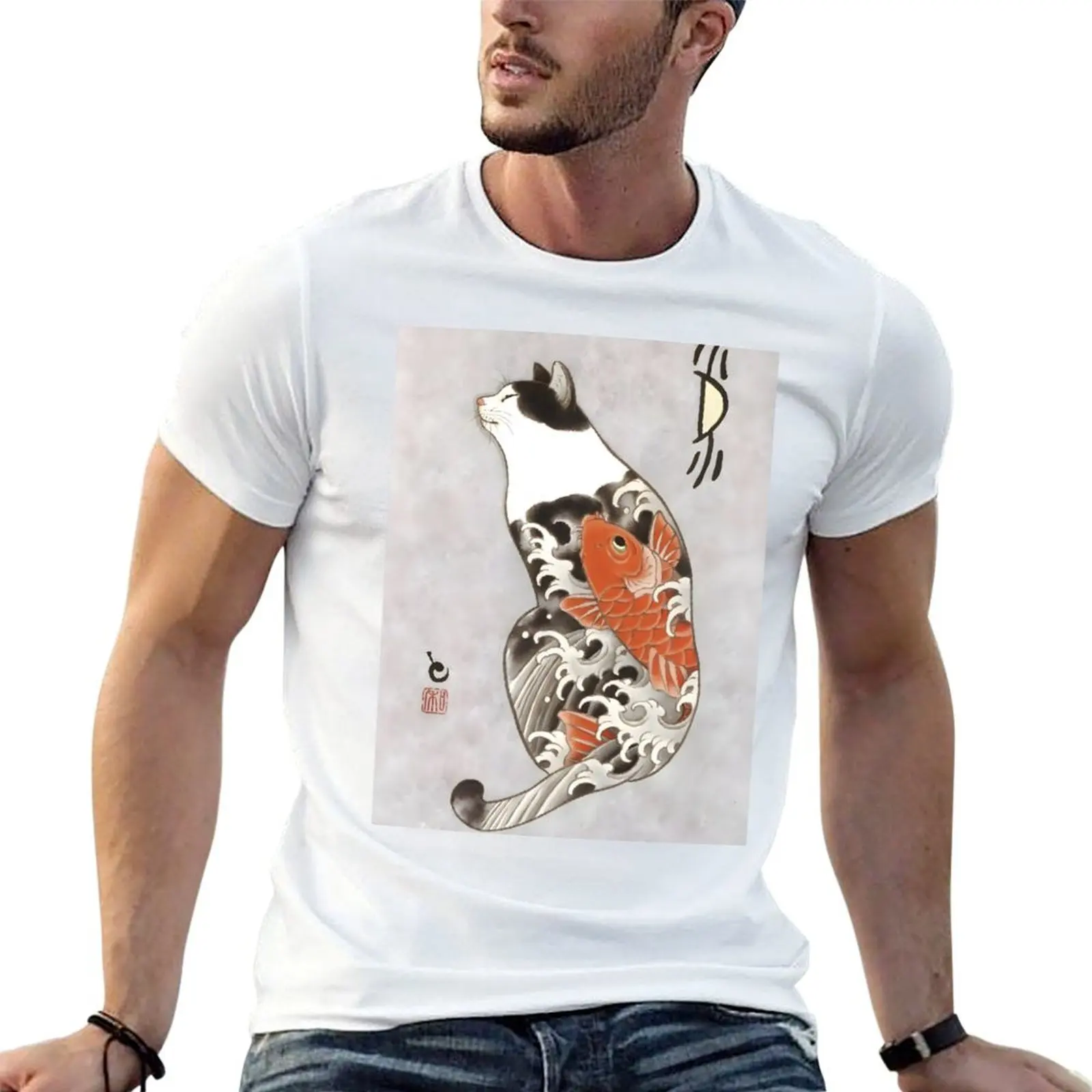 Ukiyo e Cat Tattoo Red Carp T-Shirt Lightweight Hiking T-Shirt