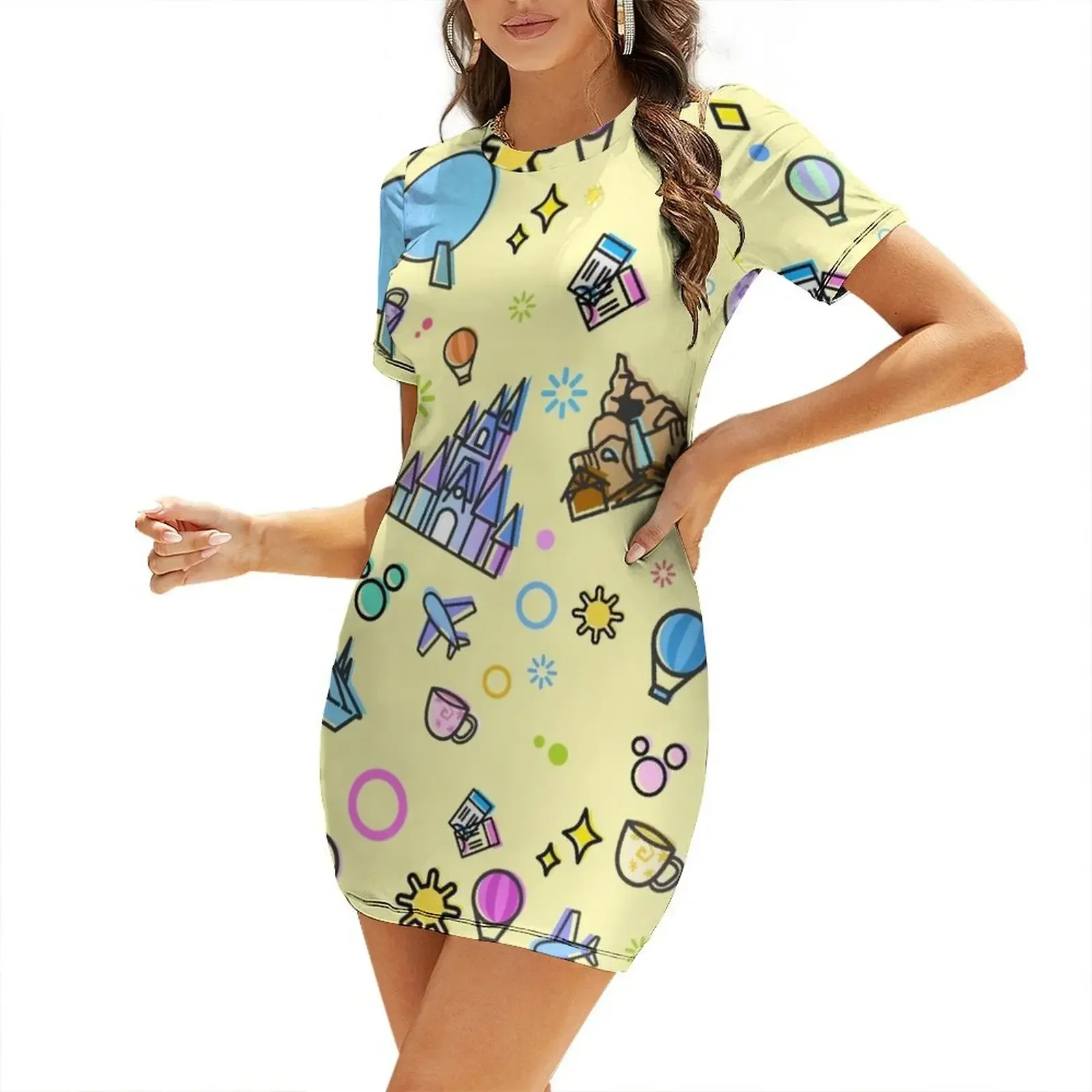 

Свидайтесь со мной в моем Happy Place Yellow Pattern. Дизайн волшебного замка принцессы. Иконки Флориды. Платье с короткими рукавами