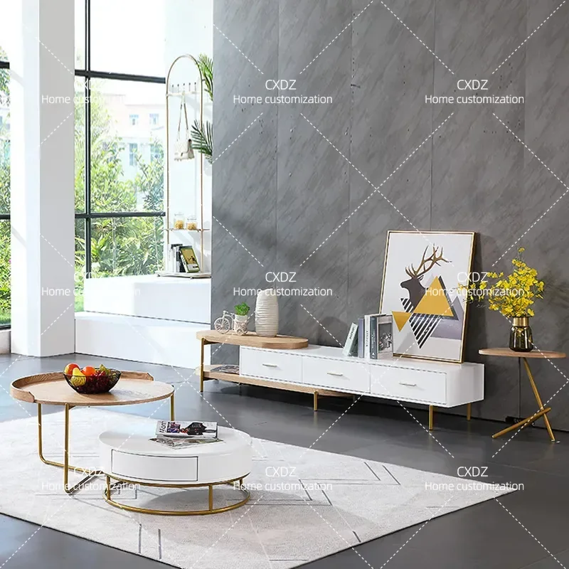 Nordic Living Room Rock Slab Coffee Table and TV Cabinet Set Simple Solid Wood Round Coffee Table with Telescopic TV Stand