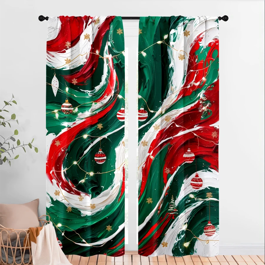 2PCS Christmas Digital Print Curtains, Red Green White Marble Swirl Ornaments, Modern for Living Room Bedroom Window Decor