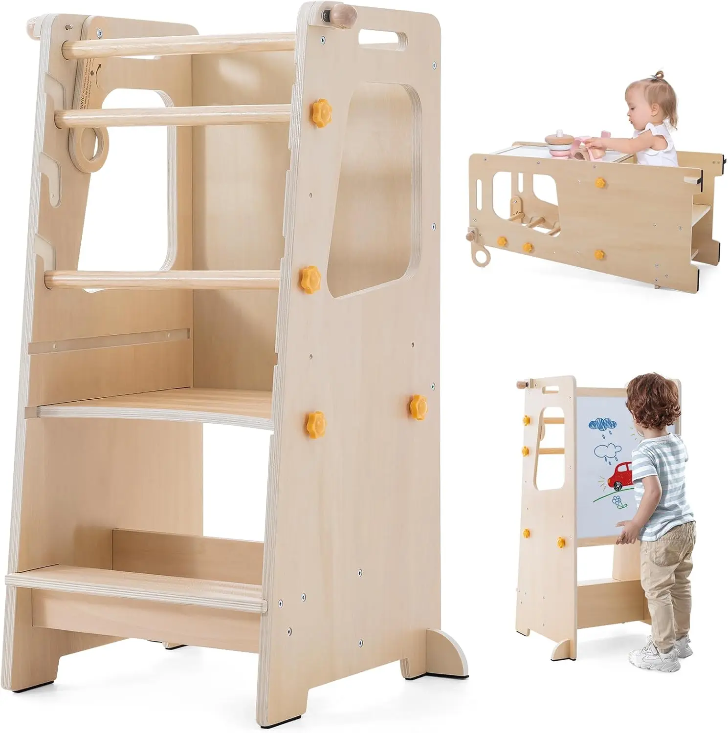 Taburete de cocina para niños, torre de pie con mesa y silla convertibles, taburete para niños pequeños con altura ajustable, pizarra blanca