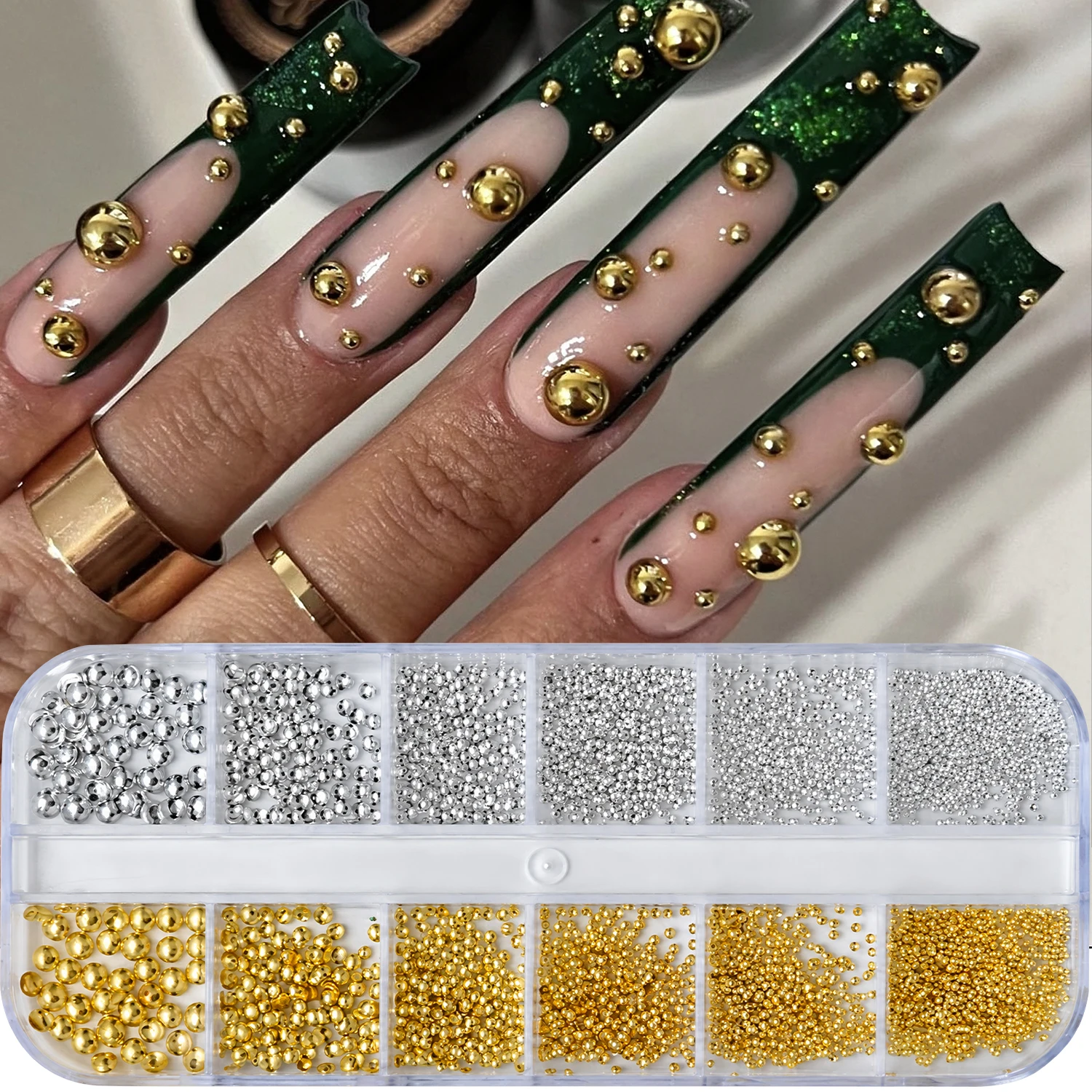 1Set Gold Silver White Pearl Nail Art Beads Round Studs & Imitation Pearl Nail Charm With Tweezers & Pickup Pen For DIY Manicure