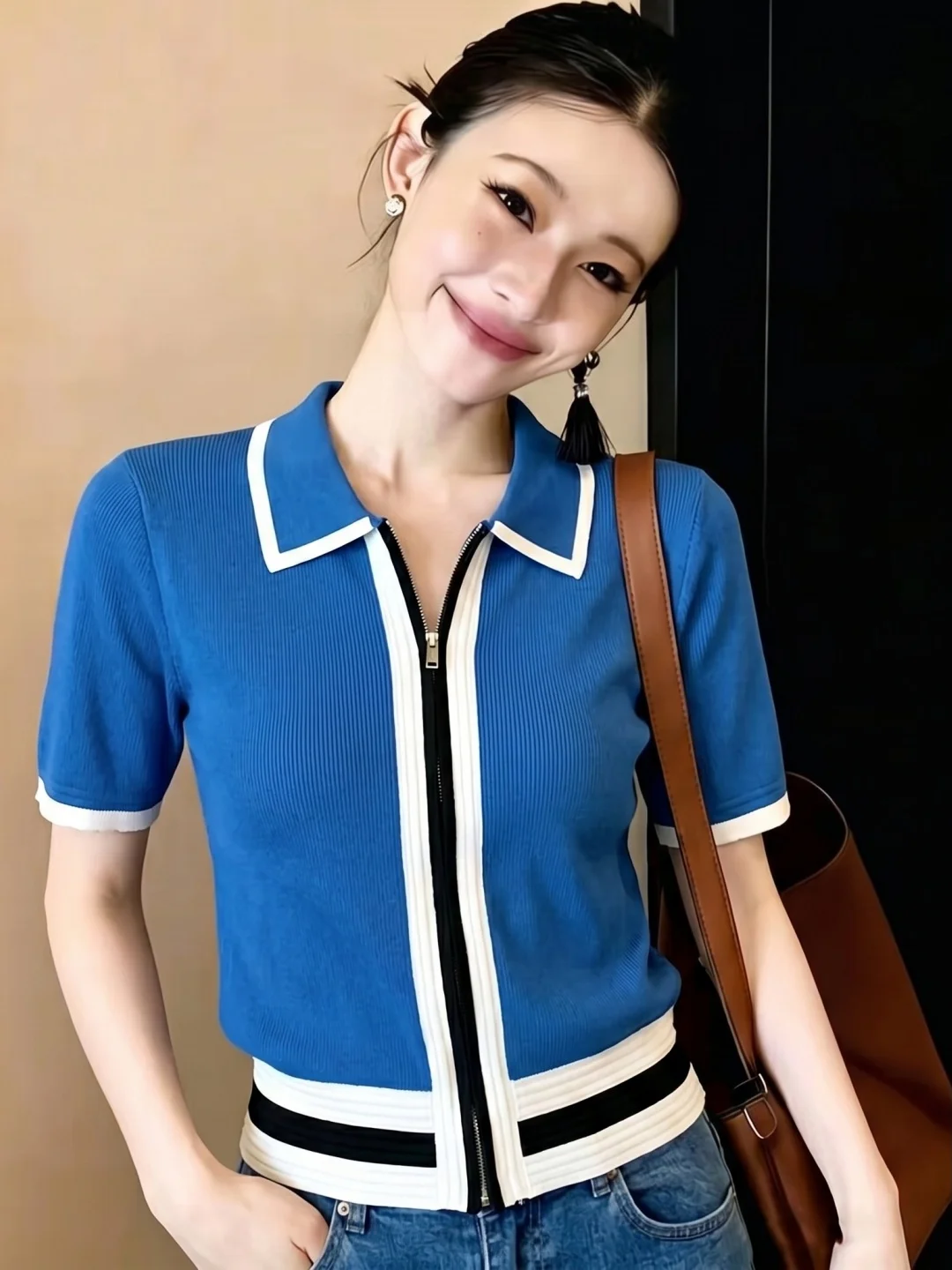 

Summer Short Sleeve Knitted Neck Zipper Design Color Block Slimming Top for Women Commute Fashionable Korean Style Strai...