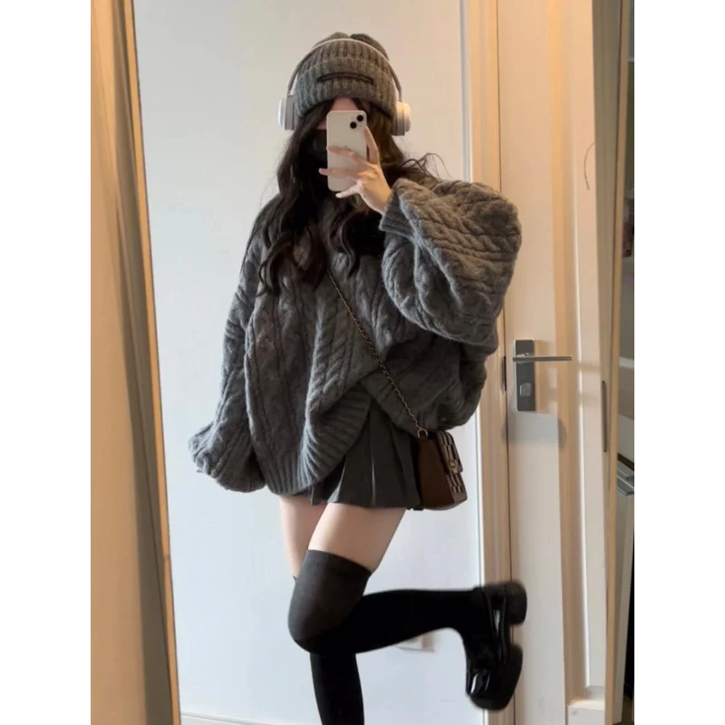 

Свободный серый женский универсальный свитер с v-образным вырезом в стиле ретро, корейский топ