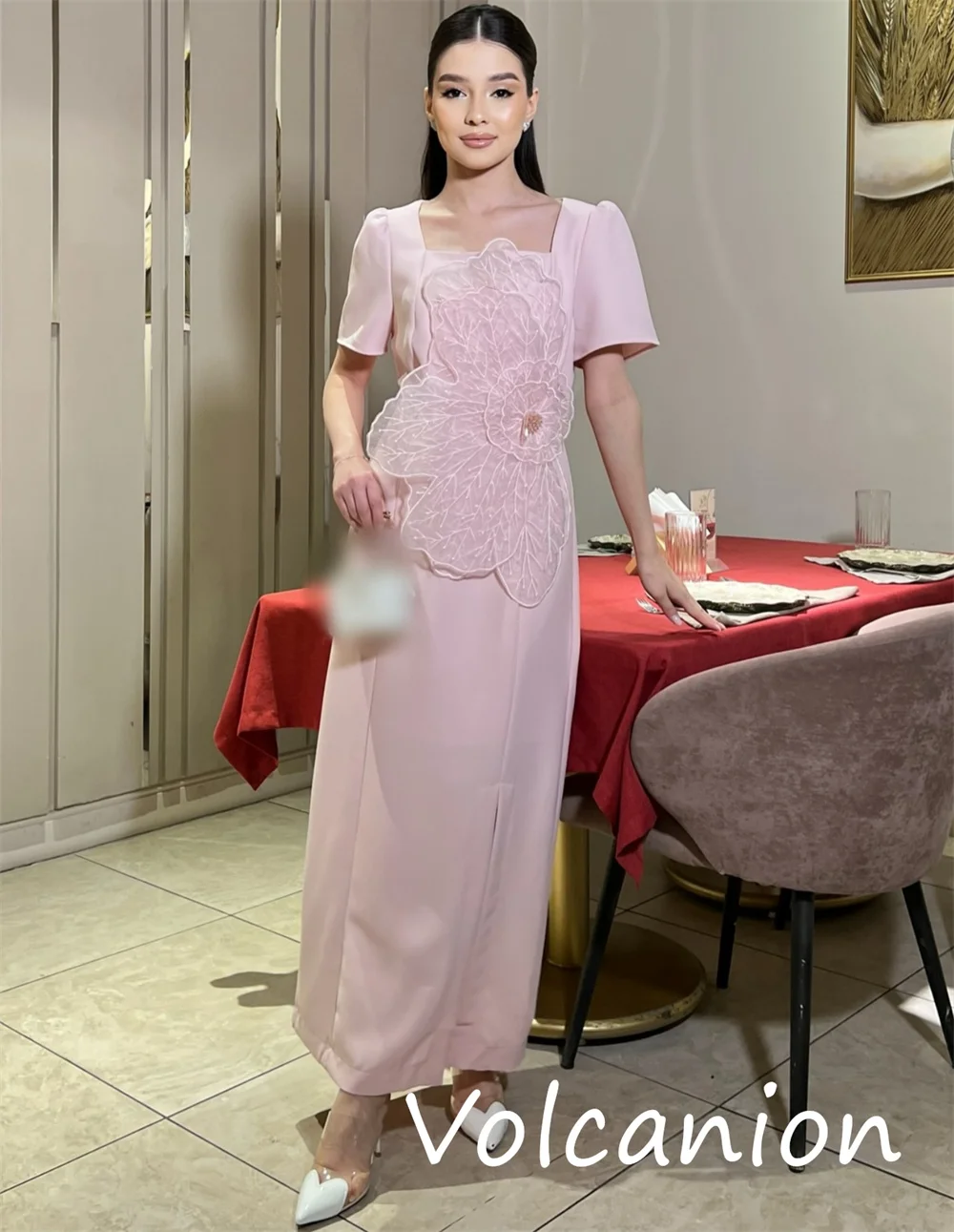 Customized Pastrol Unisex Jersey Flower A-line Square Neck Midi Dresses Bespoke Occasion Chinese Style