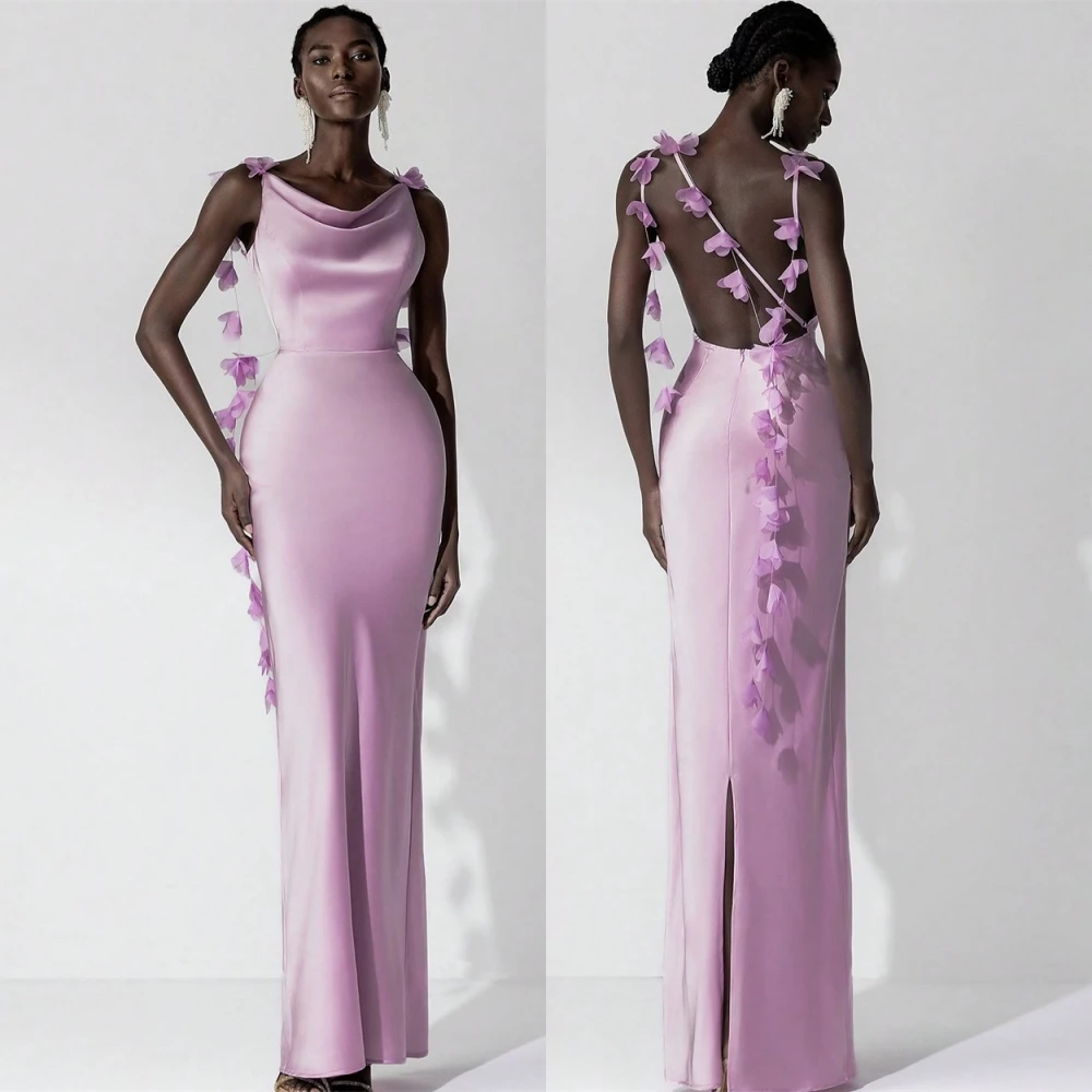 

Customized Elegant Satin Evening Dress Delicate Boat Neck Prom Dresses Temperament Flowers Sleeveless Special Occasion Gowns