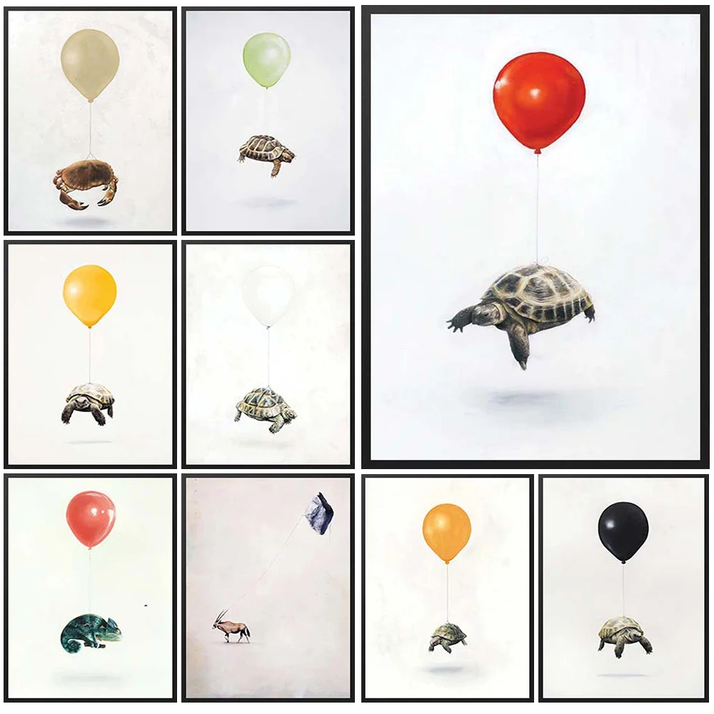 

Abstract Animal Funny Turtle with Balloon Posters Wall Art Canvas Painting Home Decor Wall Pictures For Living Room Unframed