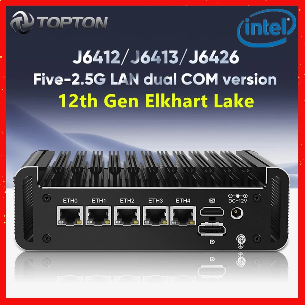 Topton 12th Gen 2.5G Fanless Mini PC Celeron J6413 J6412 5x i226-V LAN TPM2.0 Firewall Computer Proxmox ESXi AES-NI Soft Router