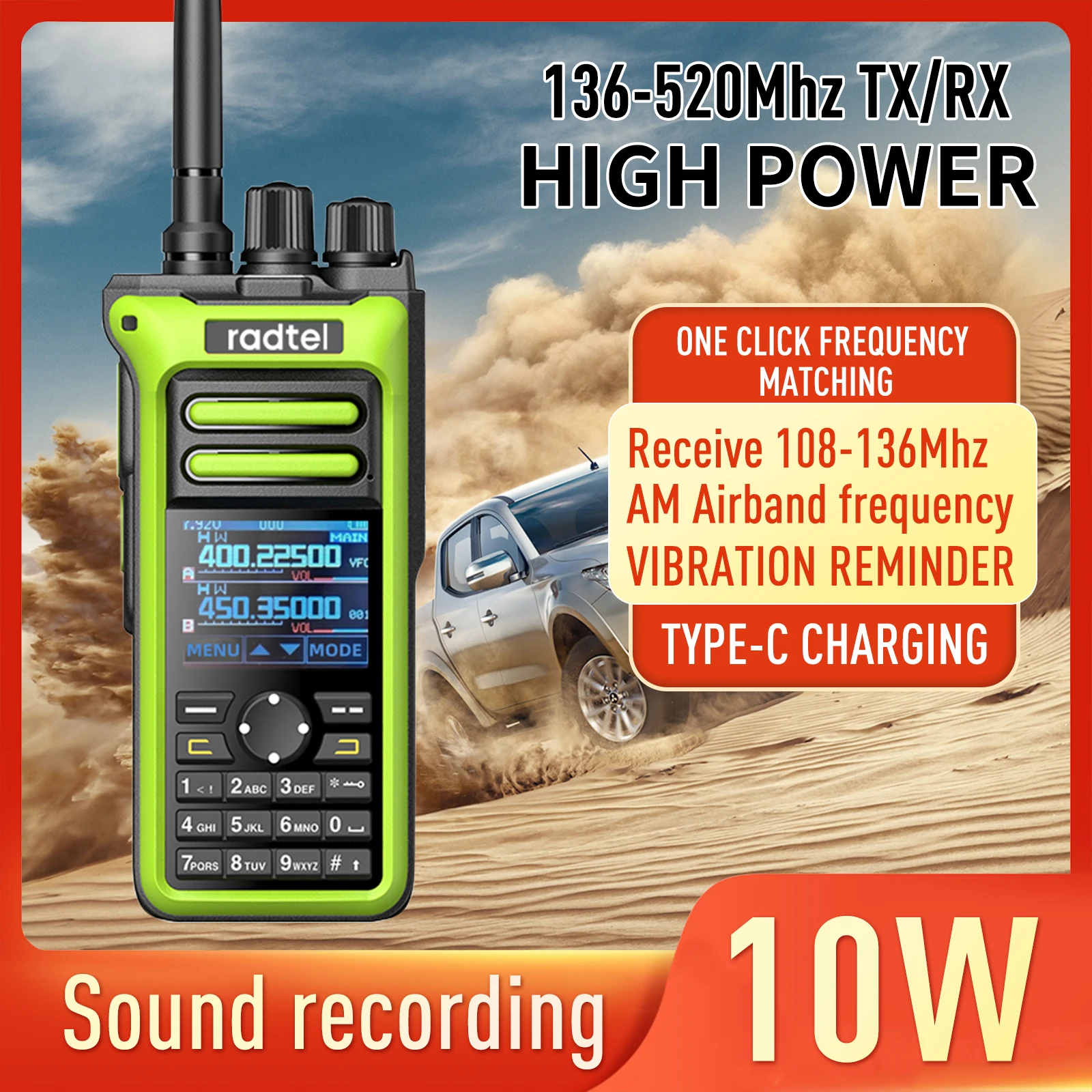 

Radtel RT-752 10 Вт Air Band Walkie Talkie Полнодиапазонная любительская ветчина 250CH HT USB-C Батарея NOAA FM AM Запись Вибрация