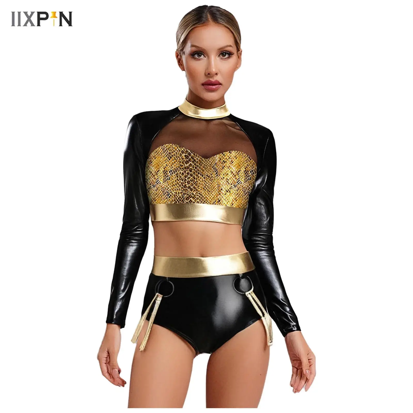 

Womens Metallic Shiny Clubwear Outfits Snakeskin Pattern Print Long Sleeve Crop Tops+High Waist Shorts for Raves Disco Dance Top