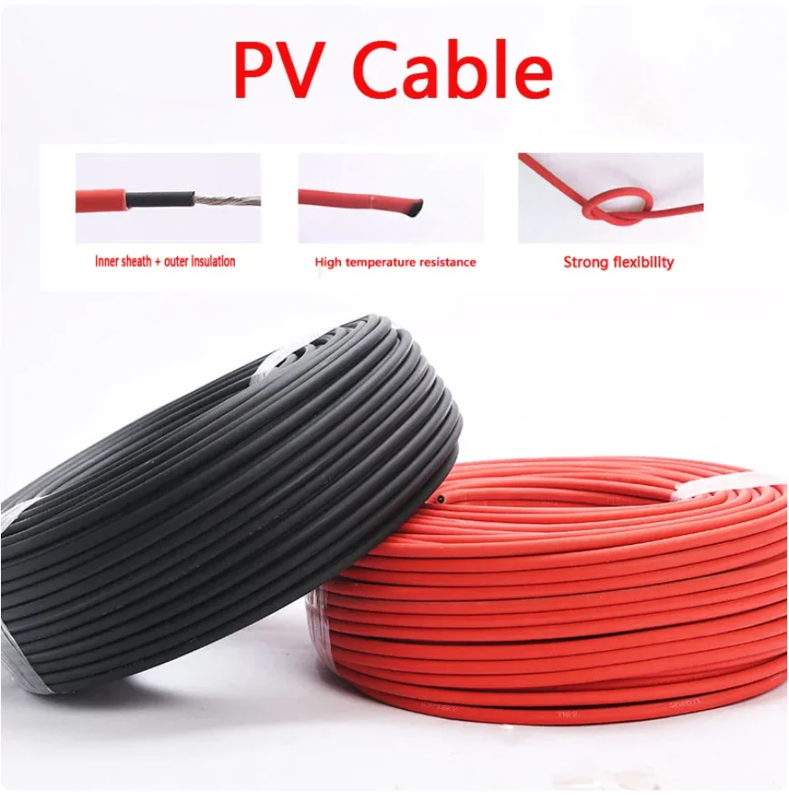 Solar Cable 10mm2/6mm2/4mm2/ 2.5mm2 8/10/12/14AWG Black or Red Solar PVC Insulated Electrical Connector Cables PV Panel Connect