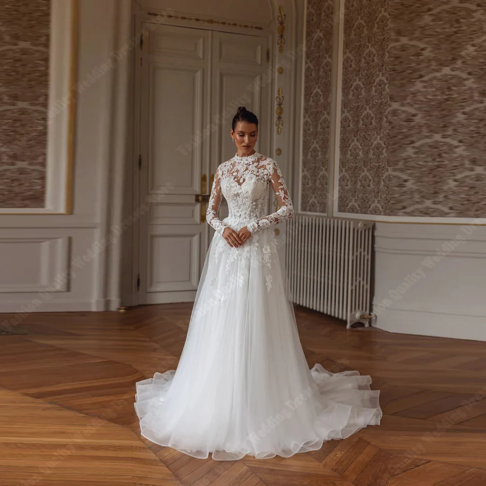 

Charming A-Line Long Sleeves Women Wedding Dresses Round Collar A-Line Tulle Bride Gown Graduation Vestidos De Novias Customized