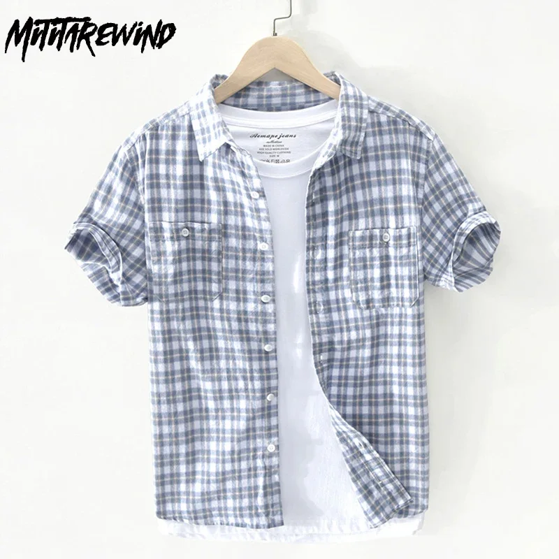 

Summer Short Sleeve Shirt Men Daily Pure Cotton Casual Shirts Square Harajuku Plaid Shirt with Double Pockets Youth Tops Comfort
