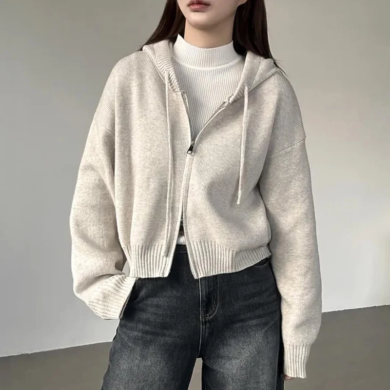 

Однотонные толстовки с воротником, свитер, куртка, пальто, женские корейские модные осенне-зимние новые свободные вязаные короткие кардиганы с капюшоном на молнии