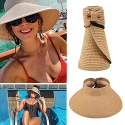 2pcs Women Roll Up Sun Visor Wide Brim Straw Hat Summer Foldable Packable UV Protection Cap for Beach Travel Bonnet