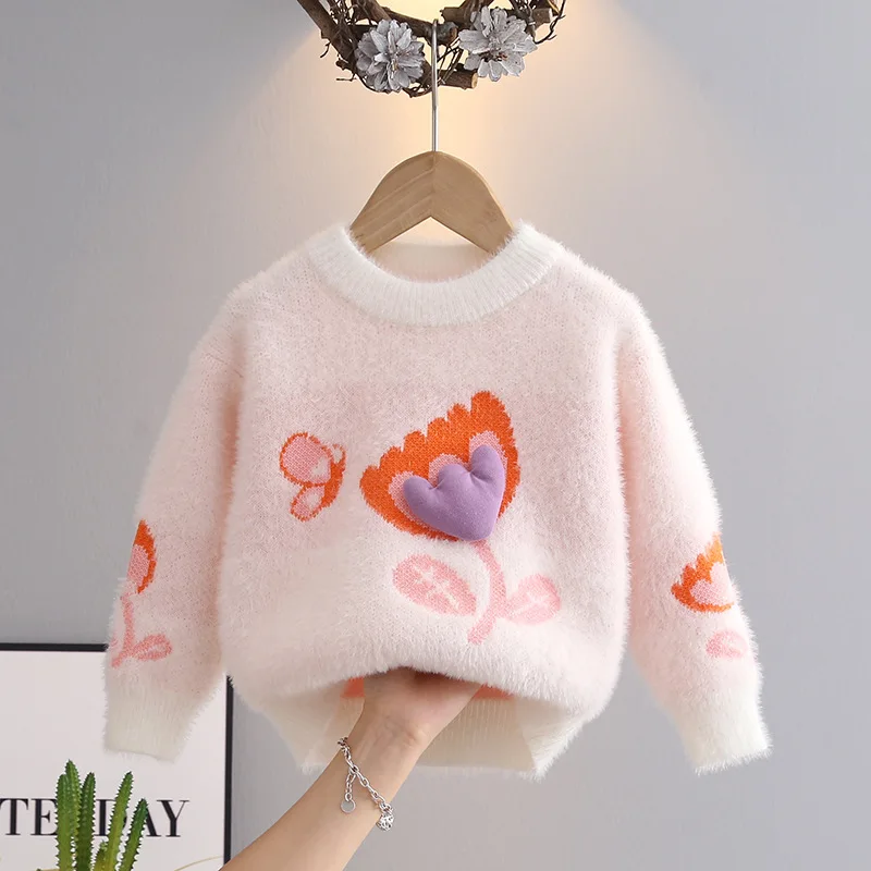 

Girls Sweater Knitted Sweater Appliques Winter New Style Flocking Children's Base Shirt Flowers Children's Clothing Tops IY07312