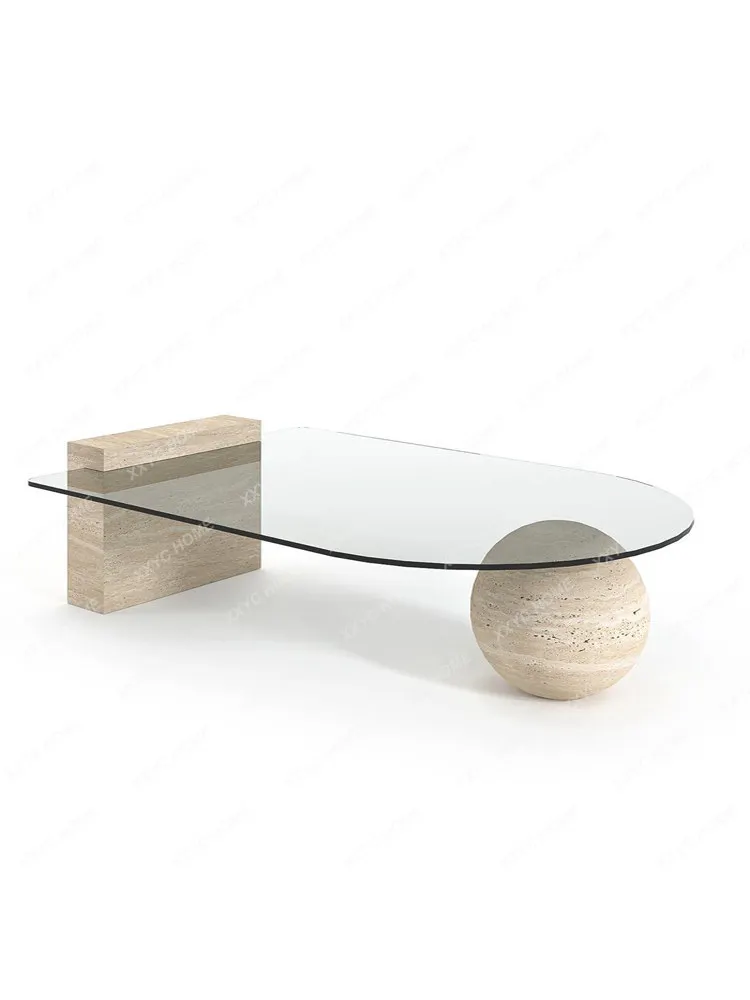 Minimalist natural travertine spherical legs coffee table model house transparent tempered glass small apartment short