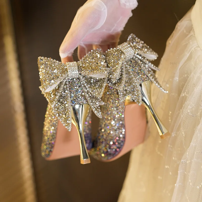 French Bow Gradual Change Crystal Sequins Senior Sense Socialite Banquet Bride Bridesmaid Wedding Dress High Heels