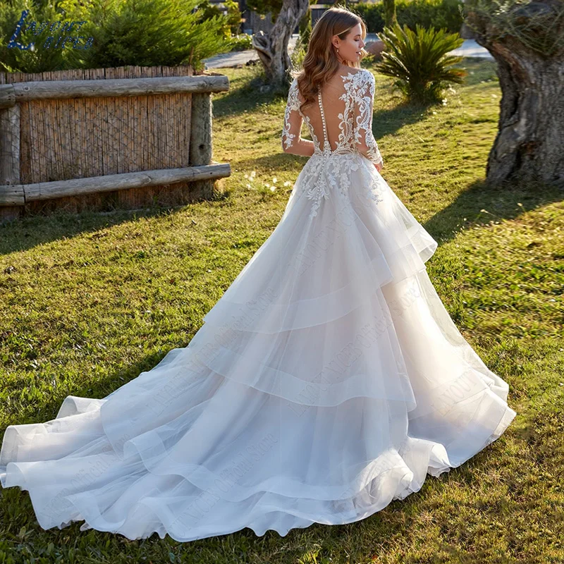 Layout niceb princesa em camadas tule a linha vestidos de casamento rendas manga longa vestido de baile para noiva botão voltar robe de mariée fluide Princesa Tiered Tulle A Linha Vestidos de Casamento Lace Manga Longa