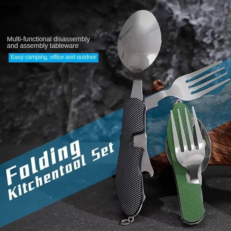 Portable Stainless Steel Folding Cutlery Fork Spoon Knife Bottle Opener Perfect For Camping Hiking Travel