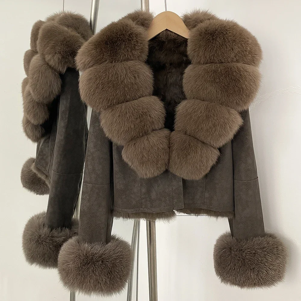 OFTBUY Large Real Natural Fox Fur Coat Autumn Winter New Warm Retro Rabbit Fur Liner Fur Jacket Thick Female Suede Coat Women