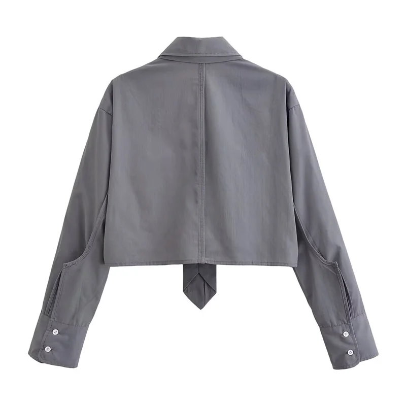 Chemise femme 2025 automne nouveau Style gris à manches longues chemise courte avec cravate décoration Sexy à la mode décontracté et Unique