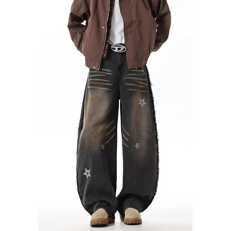 2025 الأمريكية الرجعية Y2K الشارع الشهير القذرة غسلها فضفاض مكدسة الجينز السراويل للرجال الملابس مستقيم سراويل جينز مودا Hombre