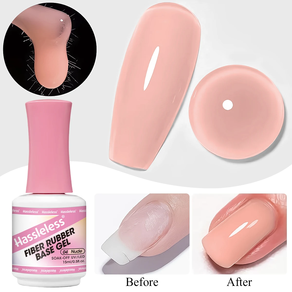 Hassleless 15ml single tube fiber base gel nail polish, clear, available in milky white, nude, and pink tones. A quick-setting f